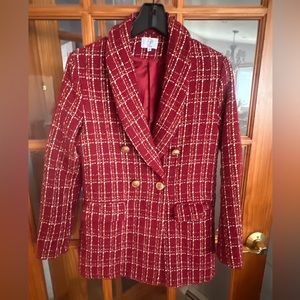 Beautiful red tweed blazer with goals thread accents and gold buttons